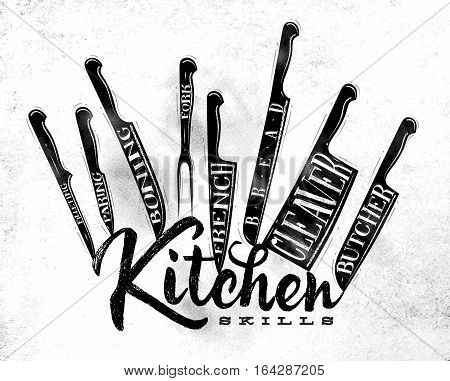 Poster meat cutting knifes butcher french bread paring fork boning cleaver filleting drawing in vintage style on dirty paper background