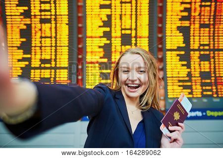 Young Traveler Doing Selfie In The International Airport