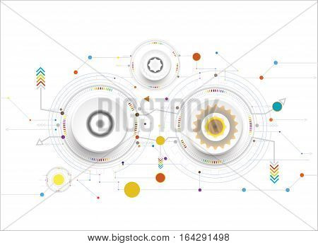 Vector illustration colorful and gear wheel on circuit board Hi-tech digital technology and engineering digital telecoms technology concept Abstract futuristic- technology on white color background