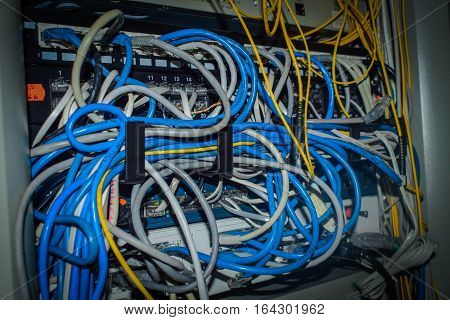 a lot of wires online,Network panel, switch and cable in data center, messy