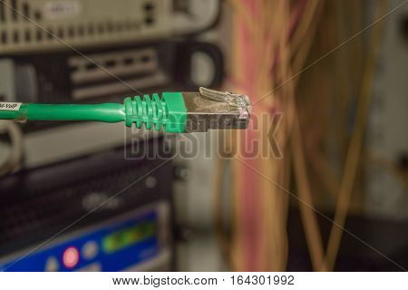 Green internet cable in the server room, patching cord
