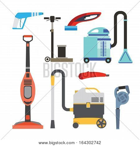 Professional cleaning equipment isolated on white background. Vector service housework tools. Room floor hygiene product disinfect chemical washing.