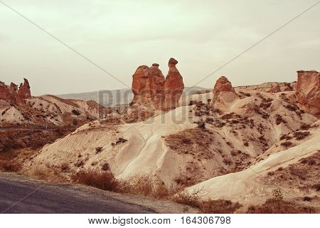A rock formation known as The Camel at the Devrent Valley in sunset Cappadocia Turkey