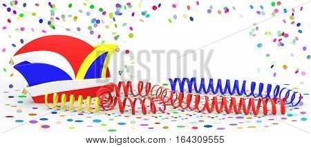 Confetti and party streamer with hat on white background 3D rendering