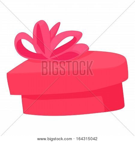 Pink heart shaped gift box with ribbon icon. Cartoon illustration of pink heart shaped gift box with ribbon vector icon for web