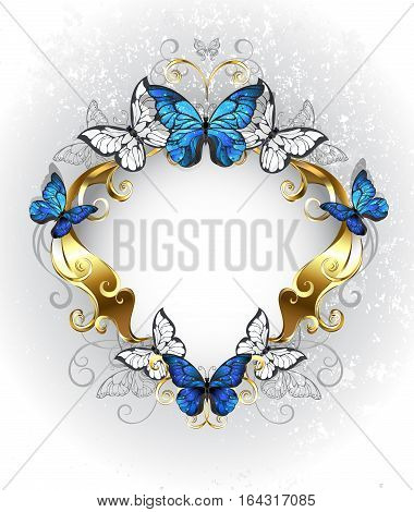 Jewelry gold patterned banner with blue and white butterflies morpho on a light textural background. Morpho. Design with blue butterflies morpho.