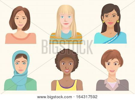 Young women of various nationalities. Girls of different ethnic and races. Various skin color eyes and hairstyle. International portraits. Set of vector avatars.