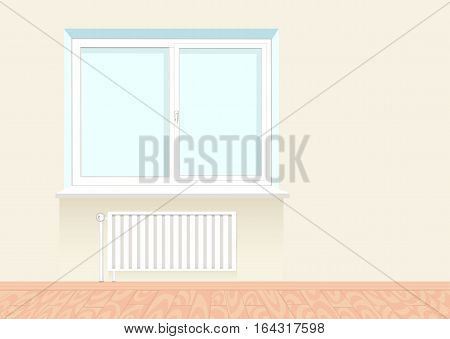 Realistic boring window with a radiator under it. Wooden floor. Vector illustration.
