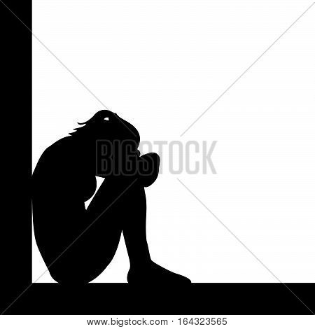Silhouette of sad woman on white background