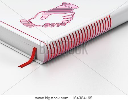 Politics concept: closed book with Red Handshake icon on floor, white background, 3D rendering