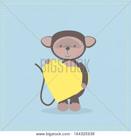 Monkey holding a heart. Plush toy monkey with heart. Gift. Postcard on Valentine's Day birthday Mother's Day. Vector cartoon