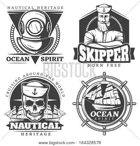 Old tattoo sailor naval label set with nautical heritage ocean spirit skipper old free descriptions vector illustration