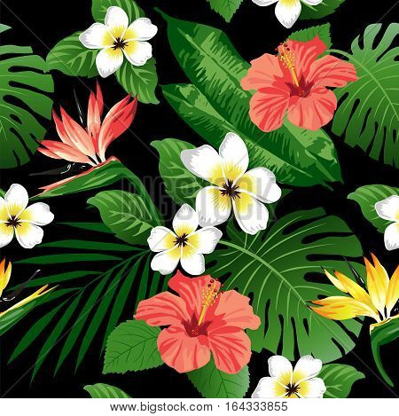Tropical flowers and leaves on background. Seamless. Vector.