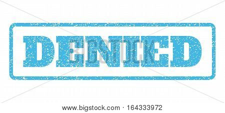 Light Blue rubber seal stamp with Denied text. Vector message inside rounded rectangular banner. Grunge design and dust texture for watermark labels. Horisontal sticker on a white background.