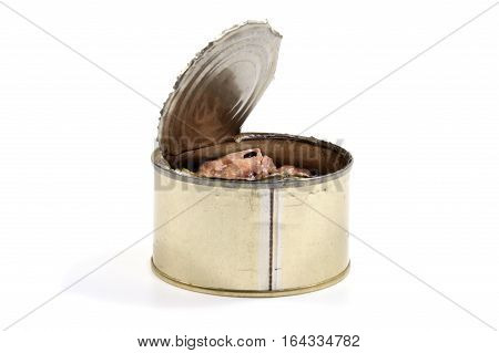 Opened metal can with conserved sardines fish isolated with clipping path