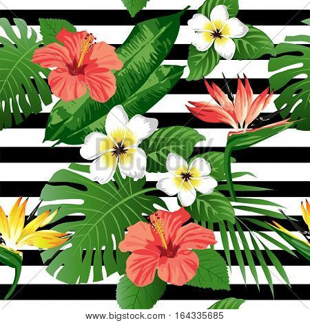 Tropical flowers and leaves on background. Seamless. Vector.