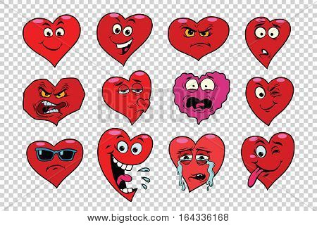 Red heart Valentine set of characters. Faces emoticons with various emotions. Transparent background. Holiday collection