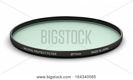 3D render illustration of 77 mm diameter circular neutral density UV polarizer or polarizing protect type optical glass filter accessory for digital photo camera or video camcorder lens isolated on white background