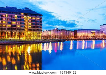 Scenic evening panorama of architecture and pier in Hakaniemi district in Helsinki, Finland