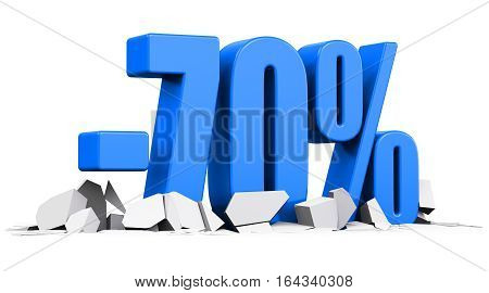 3D render illustration of blue minus 70 percent sign or symbol price cut off text on cracked surface isolated on white background