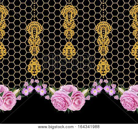 Seamless pattern. Golden textured curls. Oriental style arabesques. Openwork weaving delicate golden background. Flower arrangement of pink roses and white flowers.