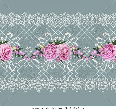 Seamless pattern border. Openwork weaving delicate silver background shiny lace vintage old style arabesques. Edging decorative. Bouquets of pink pastel roses. Pearl thread beads.