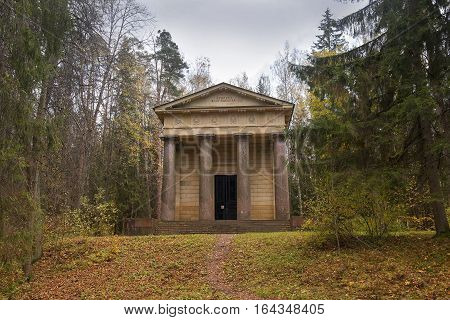 mausoleum to a husband and benefactor in Pavlovsk park, garden and park reserve in neighborhood of Saint Petersburg, Russia