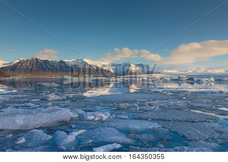 Jakulsarlon glacier and lagoon with mountain background Iceland winter natural landscape