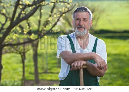 Ritratto di un uomo anziano giardinaggio nel suo giardino