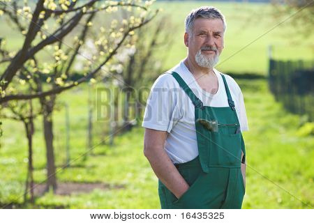 Ritratto di un uomo anziano giardinaggio nel suo giardino