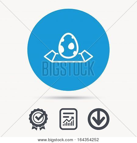 Dinosaur egg icon. Location map symbol. Pokemon egg concept. Achievement check, download and report file signs. Circle button with web icon. Vector