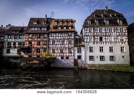 Historic old town half-timber houses on river Ill in Petite France district in Strassburg, Alsace, France