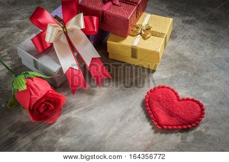 Valentine's Day Background,red Heart With Red White Rose ,ribbon And Present Box