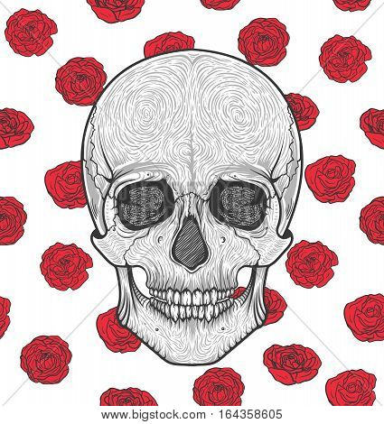 Human skull tribal style.Tattoo blackwork. Vector hand drawn illustration. Boho design