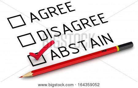 Abstain. Selecting an item in the survey. Items for voting: agree disagree abstain on a white surface with a red pencil. Selecting 