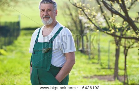 Ritratto di un uomo anziano giardinaggio nel suo giardino