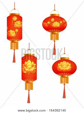 A set of orange Chinese Lanterns. lotus bud. Round and cylindrical shape. Isolated on white background. Vector illustration