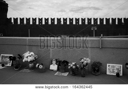 MOSCOW - SEPTEMBER 22 2015: Memorial to Boris Nemtsov on Bolshoy Moskvoretsky Bridge. Politician was assassinated here on February 27 2015