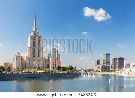 MOSCOW - SEPTEMBER 15 2015: Radisson Royal Hotel (Hotel Ukraina) and World Trade Center. These buildings are situated in a prestige Presnensky District.