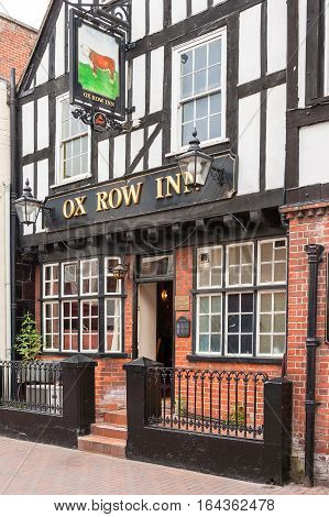 Salisbury Wilshire United Kingdom - June 18 2006: Ox Row Inn pub sitting on Butcher's Row is a traditional english pub.