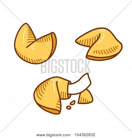 Chinese fortune cookie set in hand drawn sketch style. Isolated vector illustration.