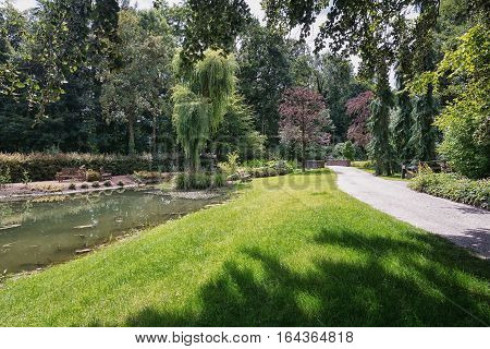 Landgraaf, Netherlands - July 12, 2016: English garden style park Mondo Verde Netherlands.