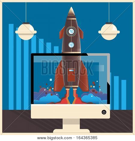 Start Up.Rocket in computer.Concept business vector illustration