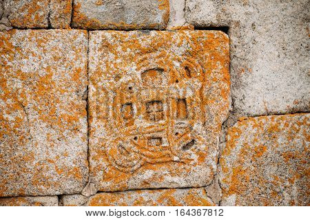 Architectural Details Of Bas-reliefs On Wall Of The Gergeti Trinity Church. Tsminda Sameba - Holy Trinity Church Near Village Of Gergeti Near Kazbegi In Georgia