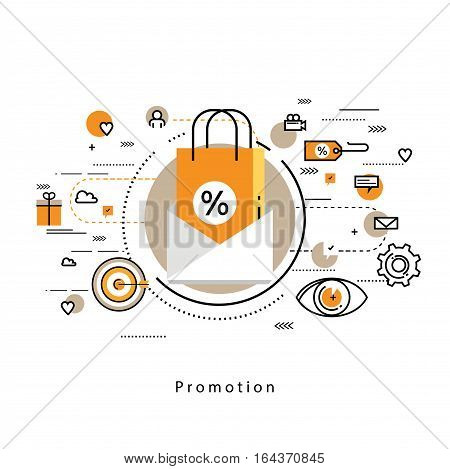 Flat line modern corporate business vector illustration design and infographic elements for shopping, e-commerce, m-commerce services, digital promotion, discounts, sale, internet and online shopping