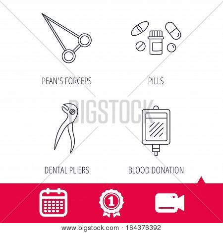Achievement and video cam signs. Medical pills, blood and dental pliers icons. Peans forceps linear sign. Calendar icon. Vector