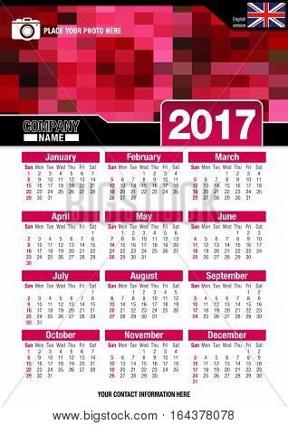 Useful wall calendar 2017 with design of red colors mosaic. Format A4 vertical. Size: 210mm x 297mm. English version