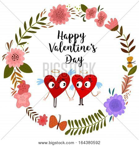 Happy Valentines day card with hearts and floral wreath- stock vector