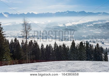 Winter landscape of Tatra Mountains. View from the summit of Czarna Gora.
