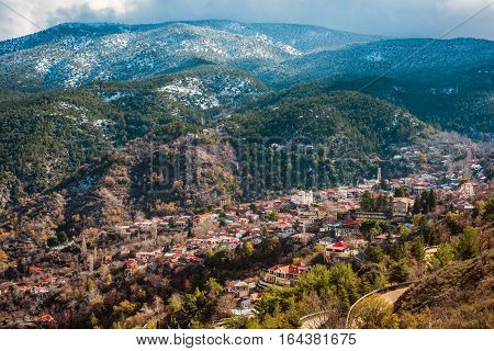 Village of Pedoulas at snowy Troodos mountains. Nicosia District Cyprus.